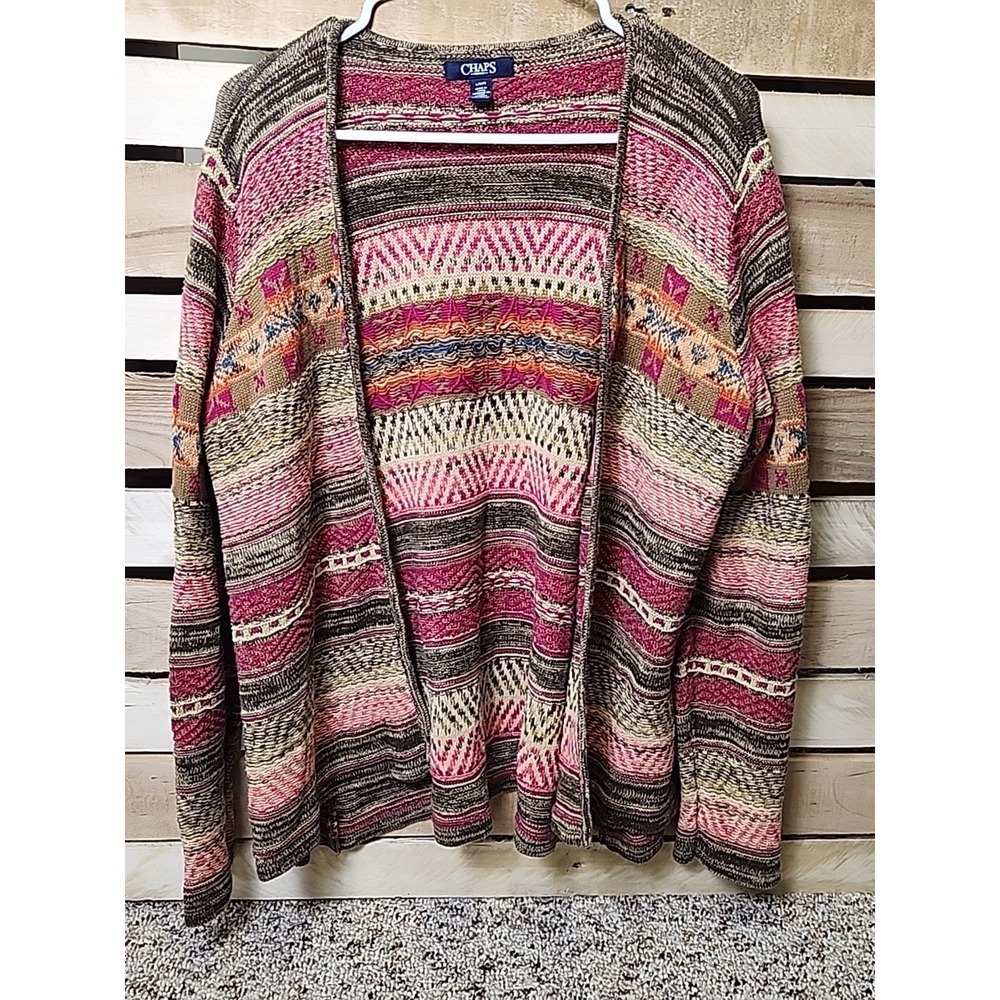 Chaps Southwestern Fair Isle Linen Blend Open Cardigan Sweater Womens Size Large
